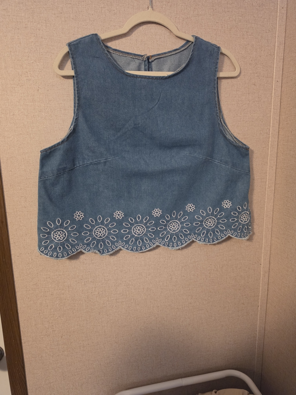 Denim Sleeveless Crop Top with Embroidered Scalloped Hem.